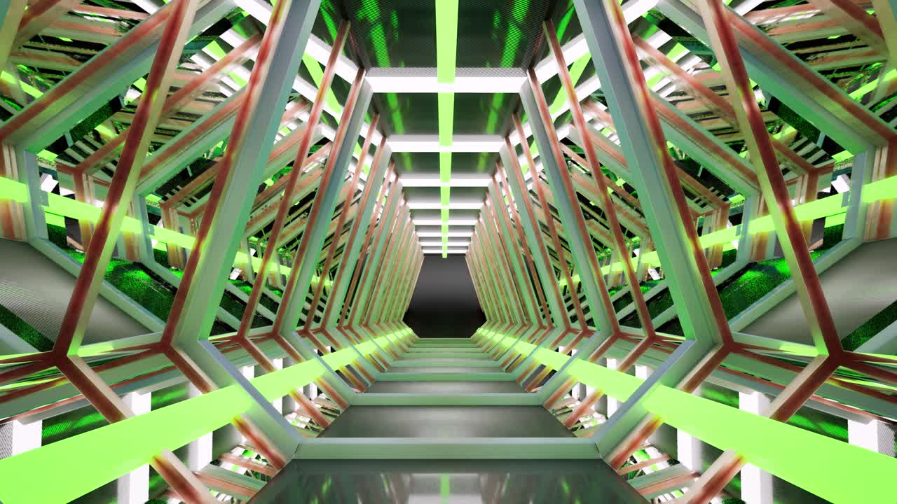 un largo túnel futurista de ciencia ficción con superficies metálicas y luces de neón brillantes, animación 3d, cámara que hace zoom lentamente