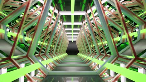 sci-fi futuristic long tunnel with metallic surfaces and neon lights glowing, 3d animation, camera zoom in slowly