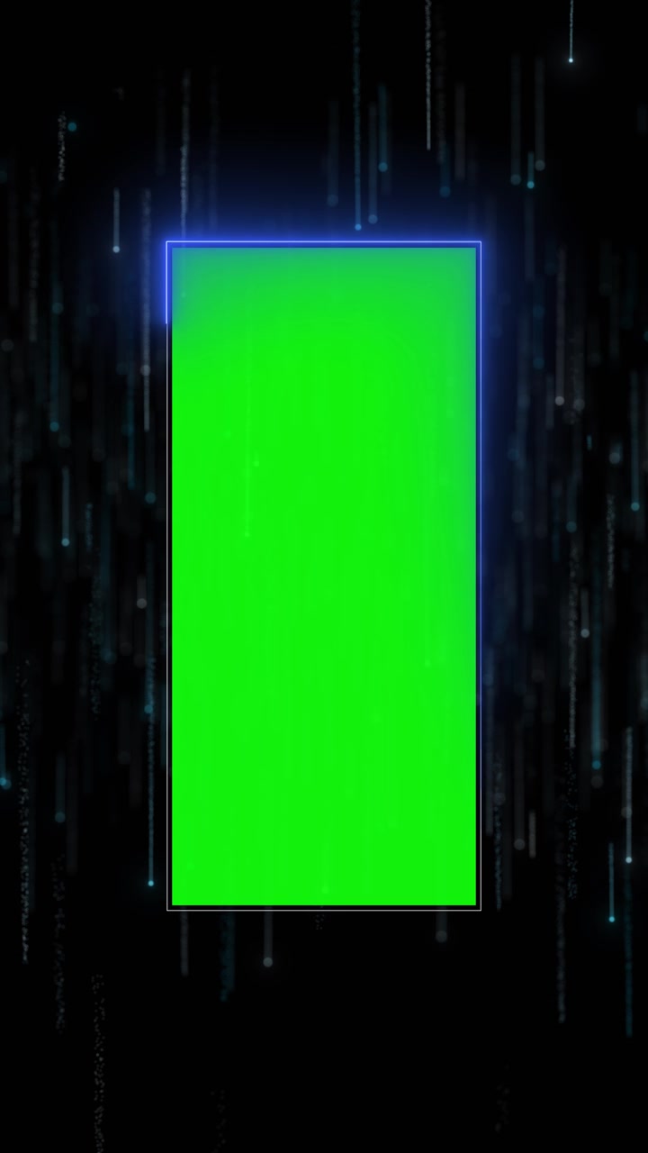 Sfondo con cornice digitale a schermo verde con rettangolo cromatico luminoso, particelle che cadono e tecnologia scura.