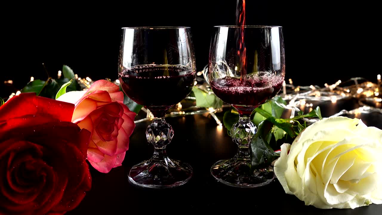 Taças de vinho e rosa contra o fundo de guirlandas brilhantes
