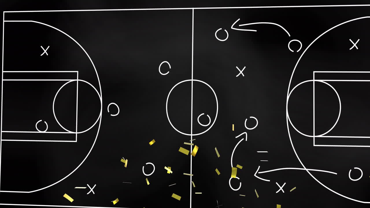 animación de confeti cayendo y tácticas deportivas en el fondo de la cancha de baloncesto