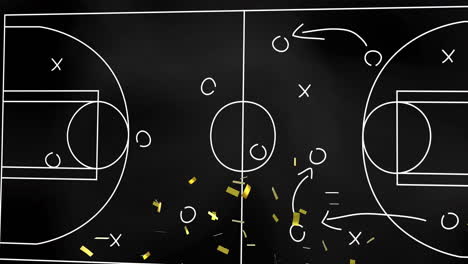 animación de confeti cayendo y tácticas deportivas en el fondo de la cancha de baloncesto