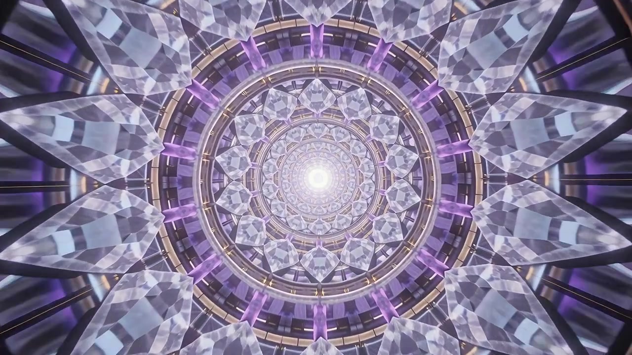 Mandala di cristallo rotante che si muove verso l'interno all'interno di una cupola mentre la telecamera si allontana, attirando lo sguardo, con finiture dorate.