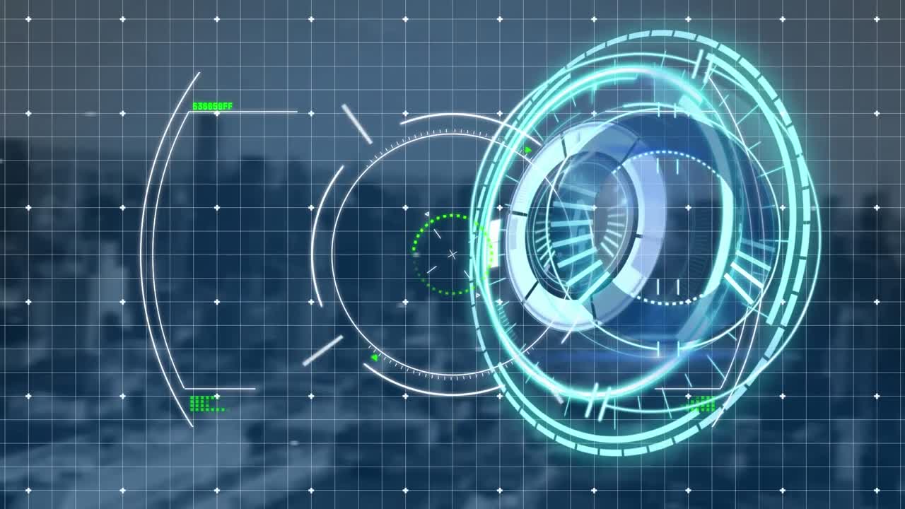 animación del escaneo del alcance y el procesamiento de datos financieros sobre el paisaje urbano