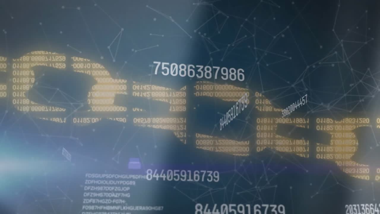 Animation of data processing over security chains on blue background