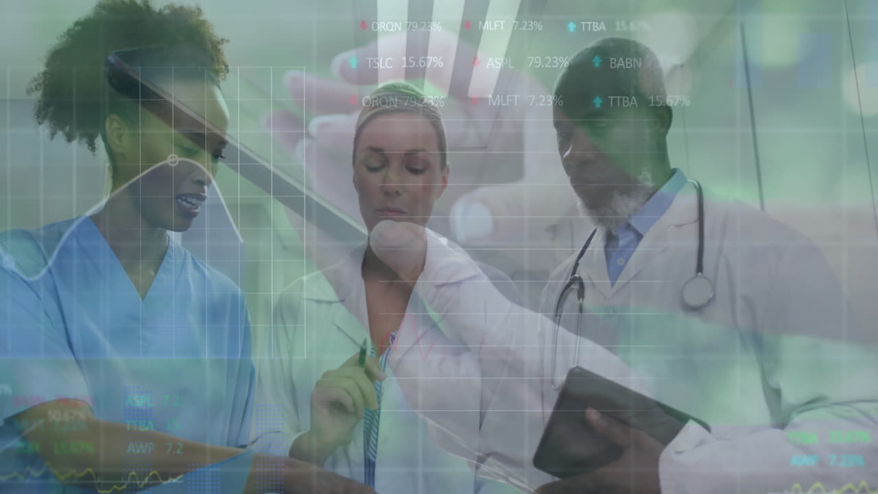 Medical team examining chart, reviewing notes, holding stethoscope and tablet with graph overlay