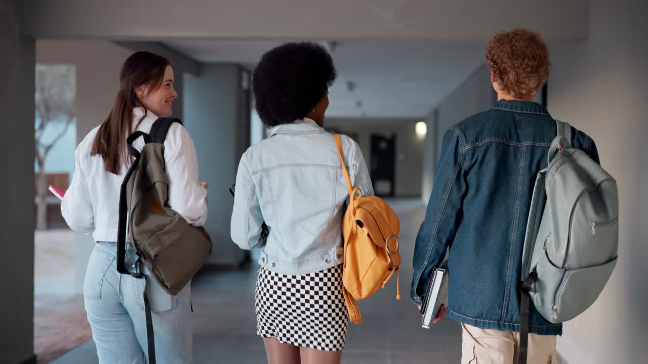 Students walking in hallway with backpacks