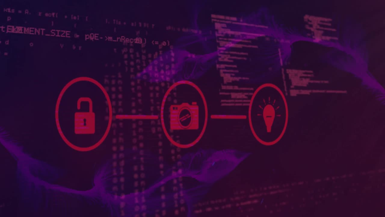 Animation of connected icons over programming language against abstract background