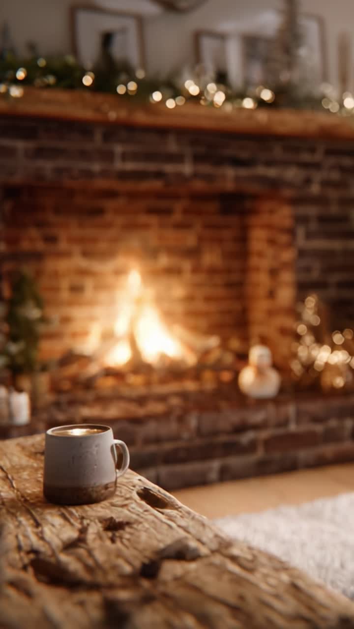 Scena accogliente con una tazza calda su un tavolo rustico di legno e un caminetto acceso sullo sfondo, perfetta per il relax e il comfort invernali