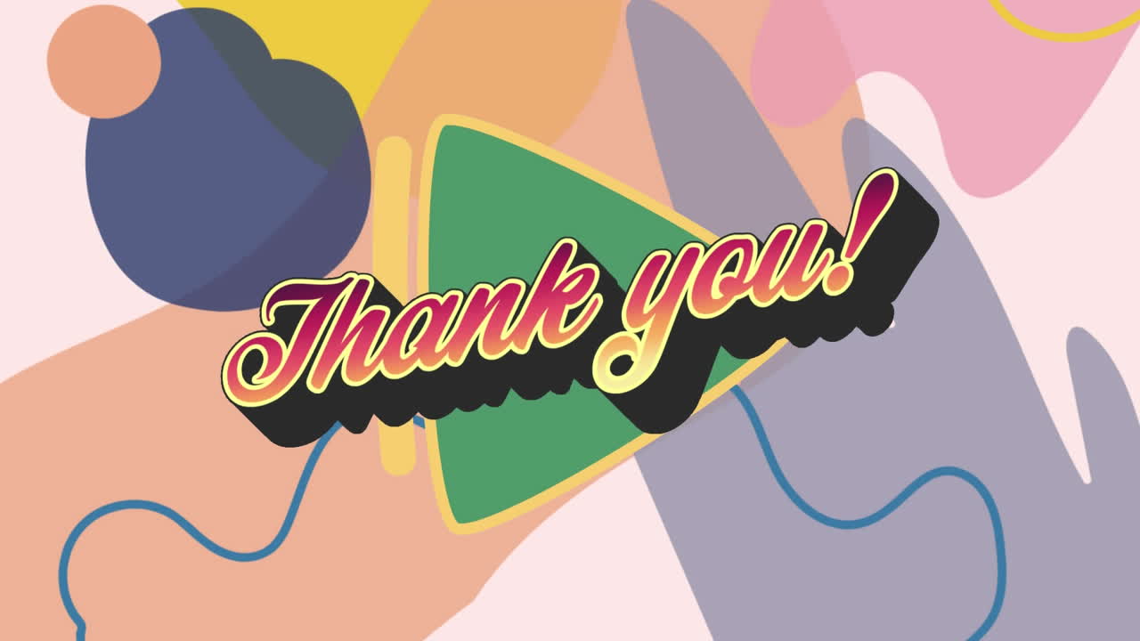 ⁇ 색 배경에 추상적인 다채로운 모양에 대한 감사 텍스트의 디지털 애니메이션