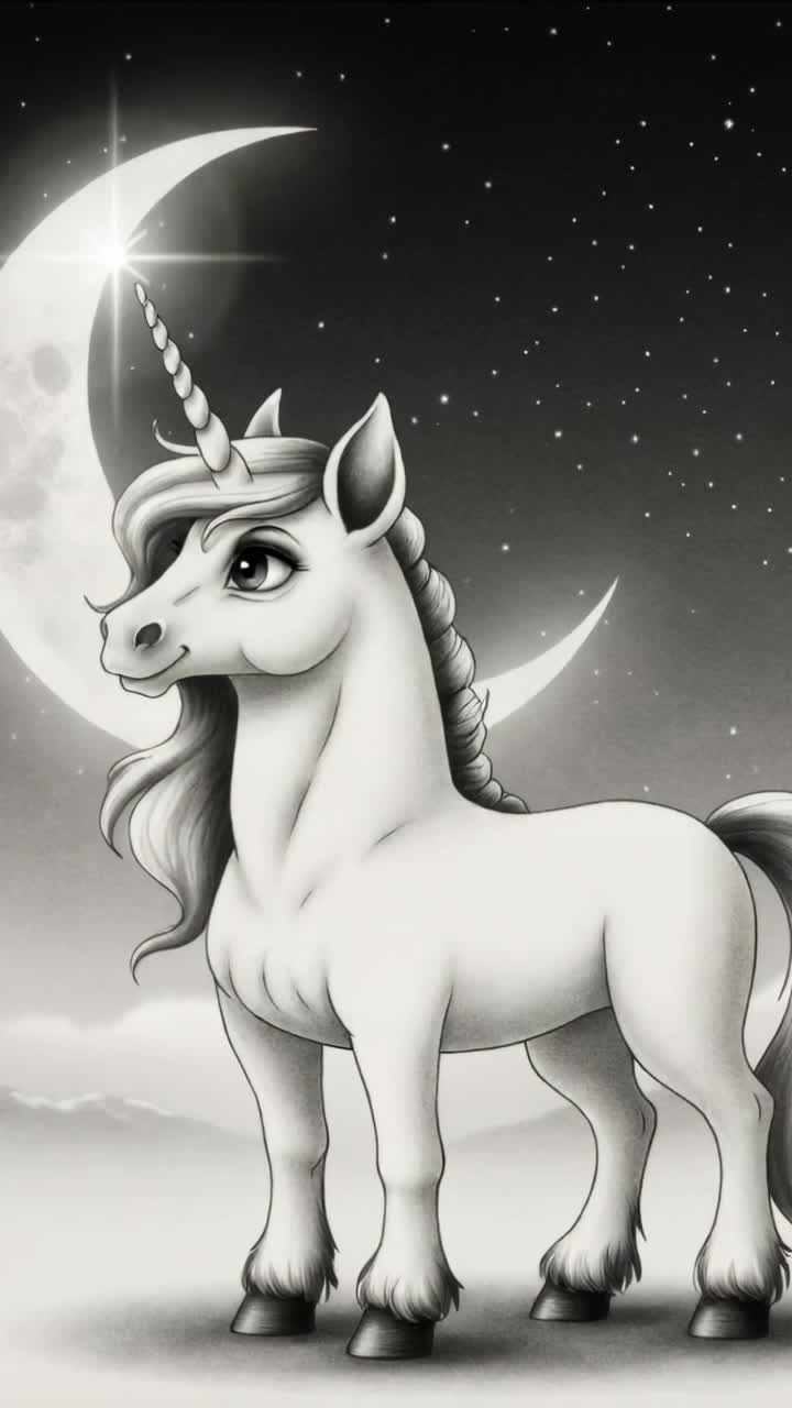 Cartoon Unicorn Standing Under a Crescent Moon and Starry Sky