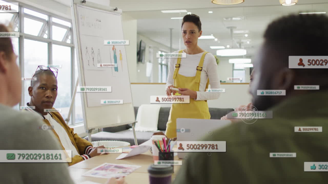 In office, diverse team discussing business with animation of social media notifications
