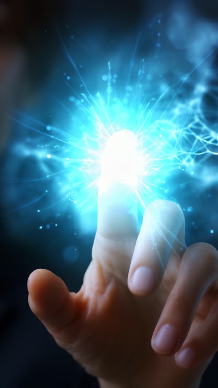 Primer plano de una mano tocando una fuente de energía brillante, que evoca vibrantes chispas azules y luz, simbolizando la innovación y la fusión de la tecnología y la naturaleza