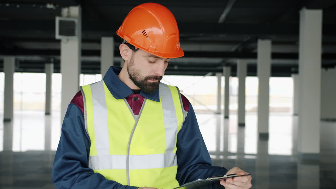 Construction worker inspecting an empty building site