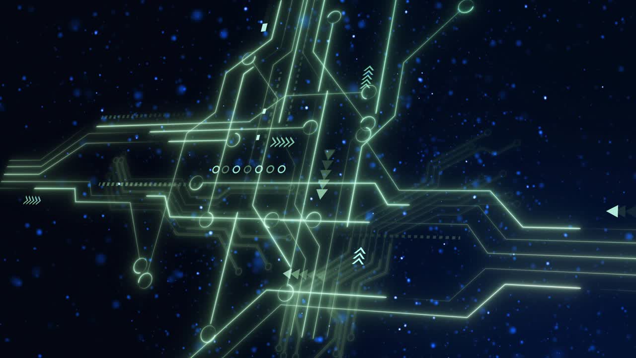 Flickering neon-green circuit extending lines, sliding arrows, reconfiguring network for data flow