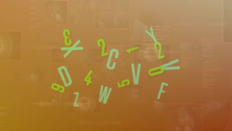 animazione di numeri e alfabeti mutevoli contro l'elaborazione dei dati contro uno sfondo gradiente.