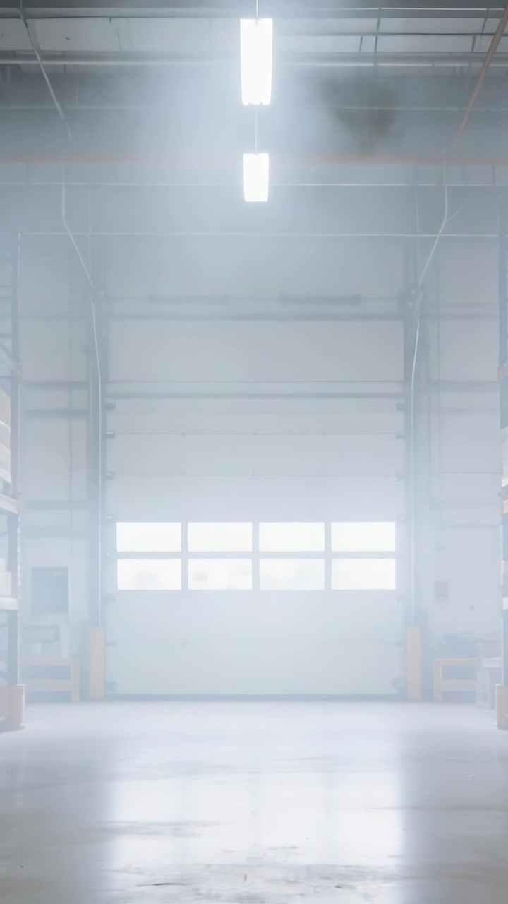 Vertical video: Recording static cam showing haze lifting and revealing roll-up door in loading bay
