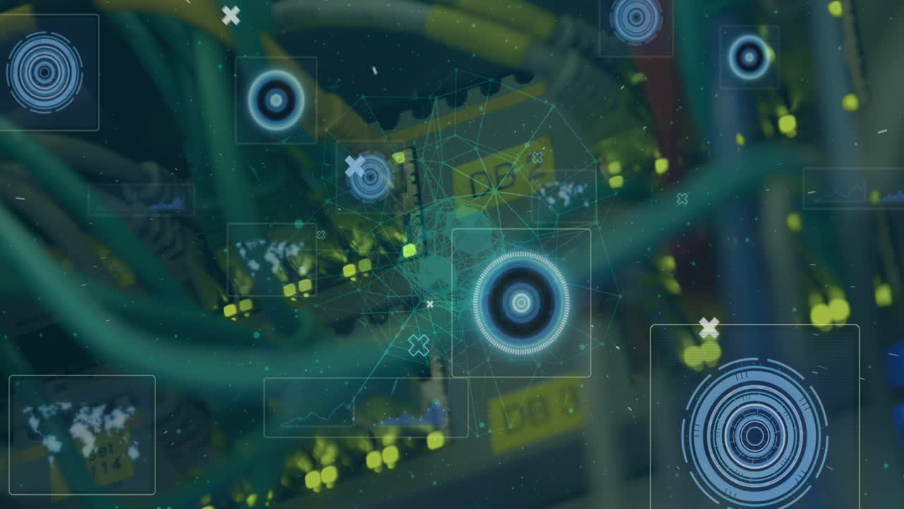 연결 네트워크의 세계와 컴퓨터 서버의 클로즈업에 대한 둥근 스캐너