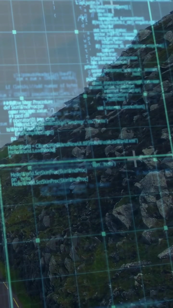 Vertical video: Sensor ping activating HUD, scrolling, panning, scanning rock slope for analysis