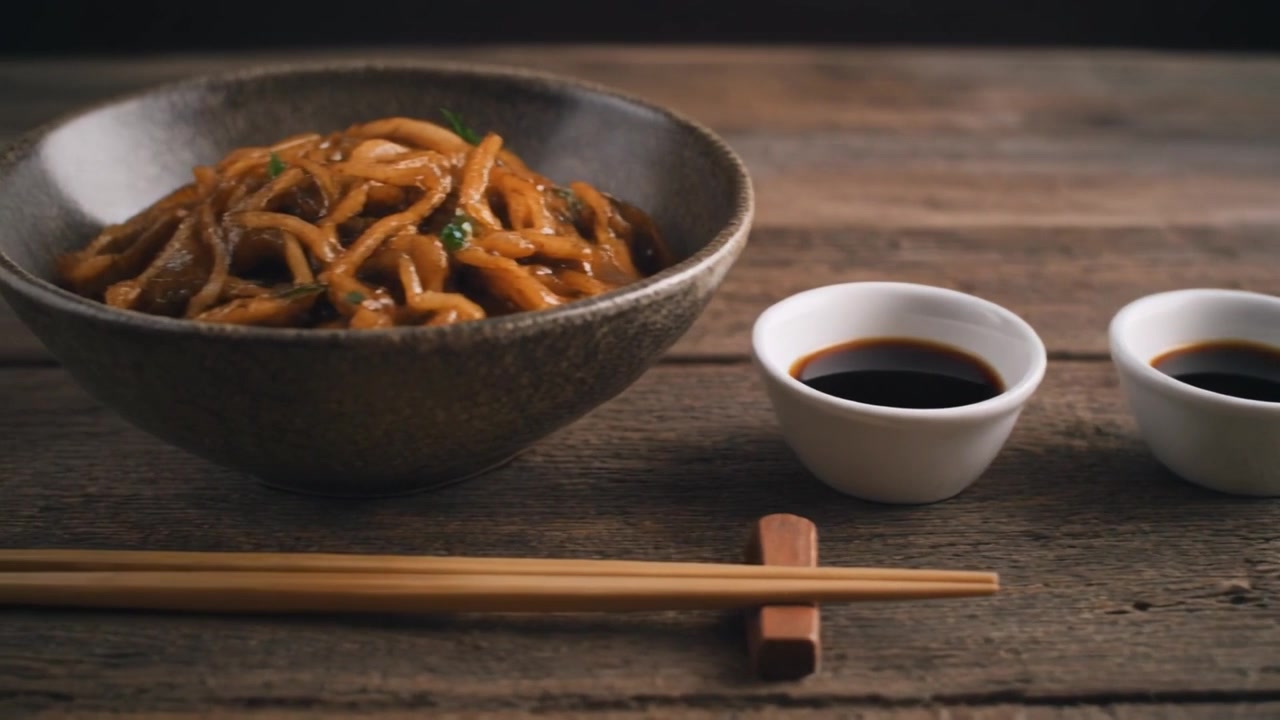 Ciotola di Noodles Saltati con Salsa di Soia su Tavolo di Legno