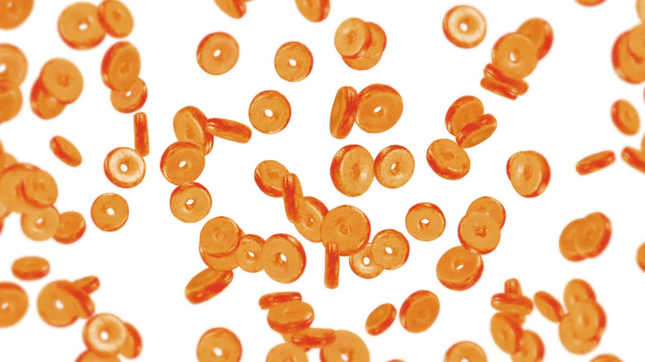 색 배경에 많은 평평한 도을 날아. 도 케이크, 과자, 디저트. 도 회전의 3d 애니메이션. 루프 애니메이션.