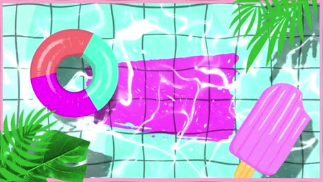 Animation-Von-Schlauchbooten-Im-Pool-Mit-Pflanzen-Und-Kreisen-Auf-Schwarzem-Hintergrund