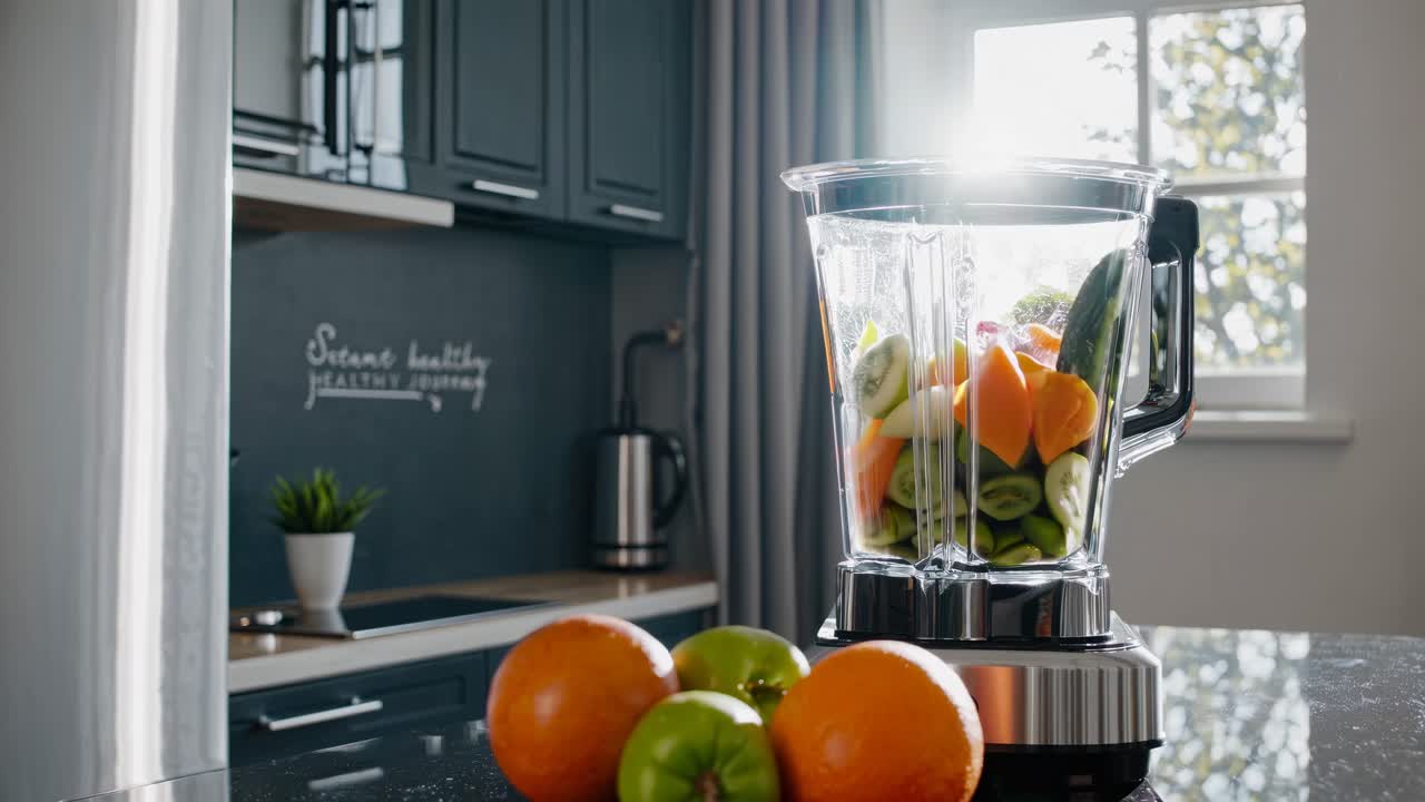 Video da angolazione bassa di un frullatore pieno di frutta e verdura fresche sul ripiano di una cucina