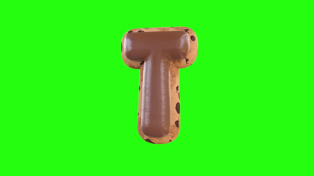 Animazione 3D della lettera T che ricrea un biscotto con cioccolato sopra.