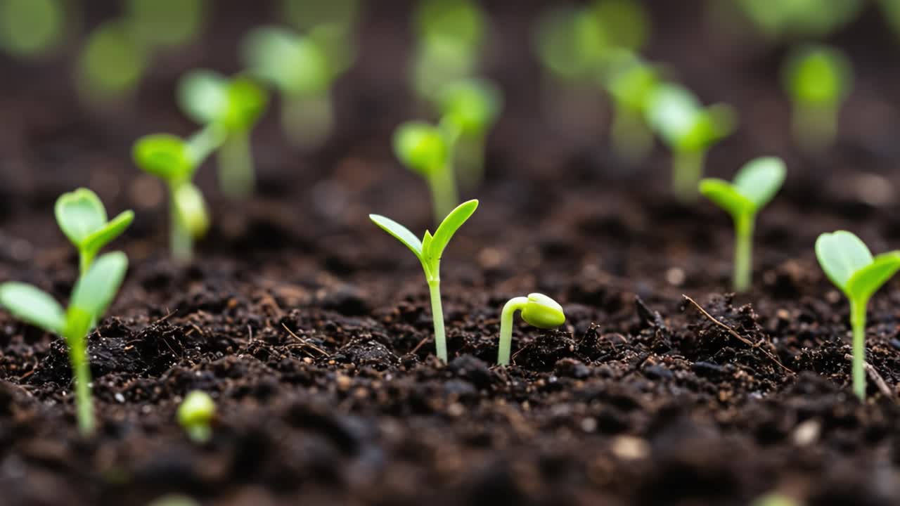 The Journey of Growth: A Close-Up of Sprouting Seedlings Emerging from Rich Soil, Symbolizing New Beginnings and the Vitality of Nature