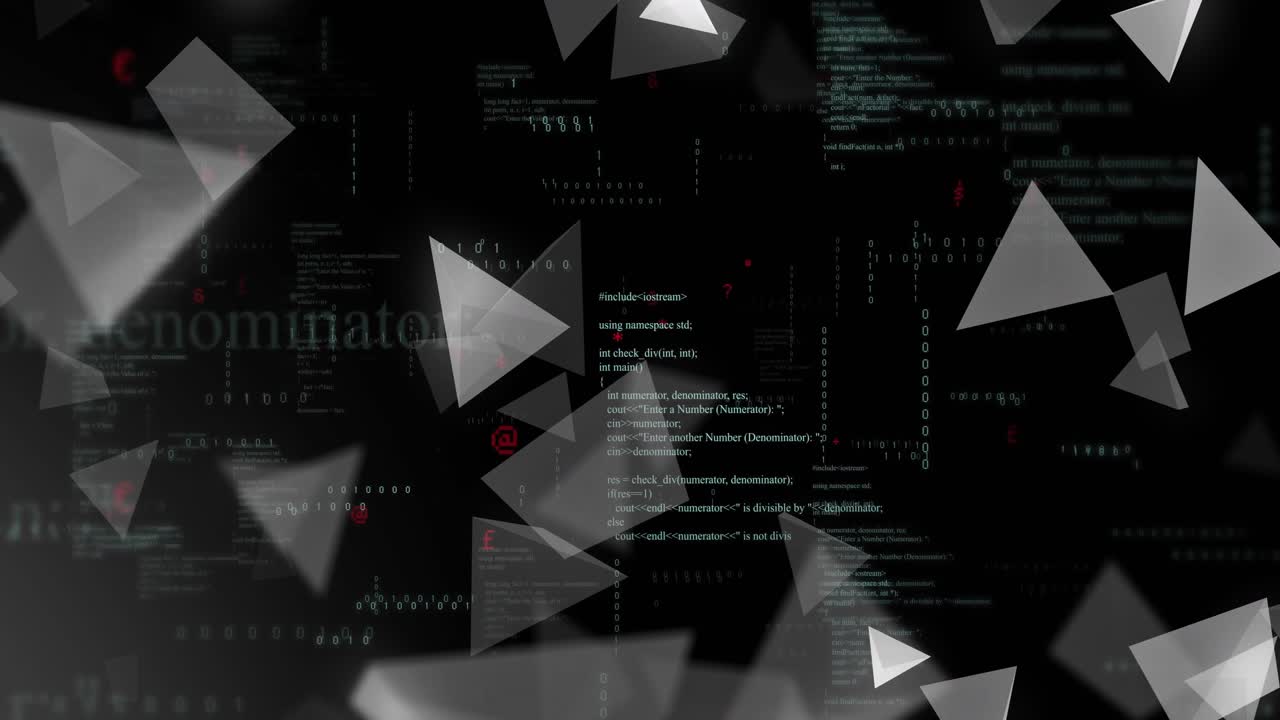 Trekanter og kodetekst over sort baggrund med digitale data
