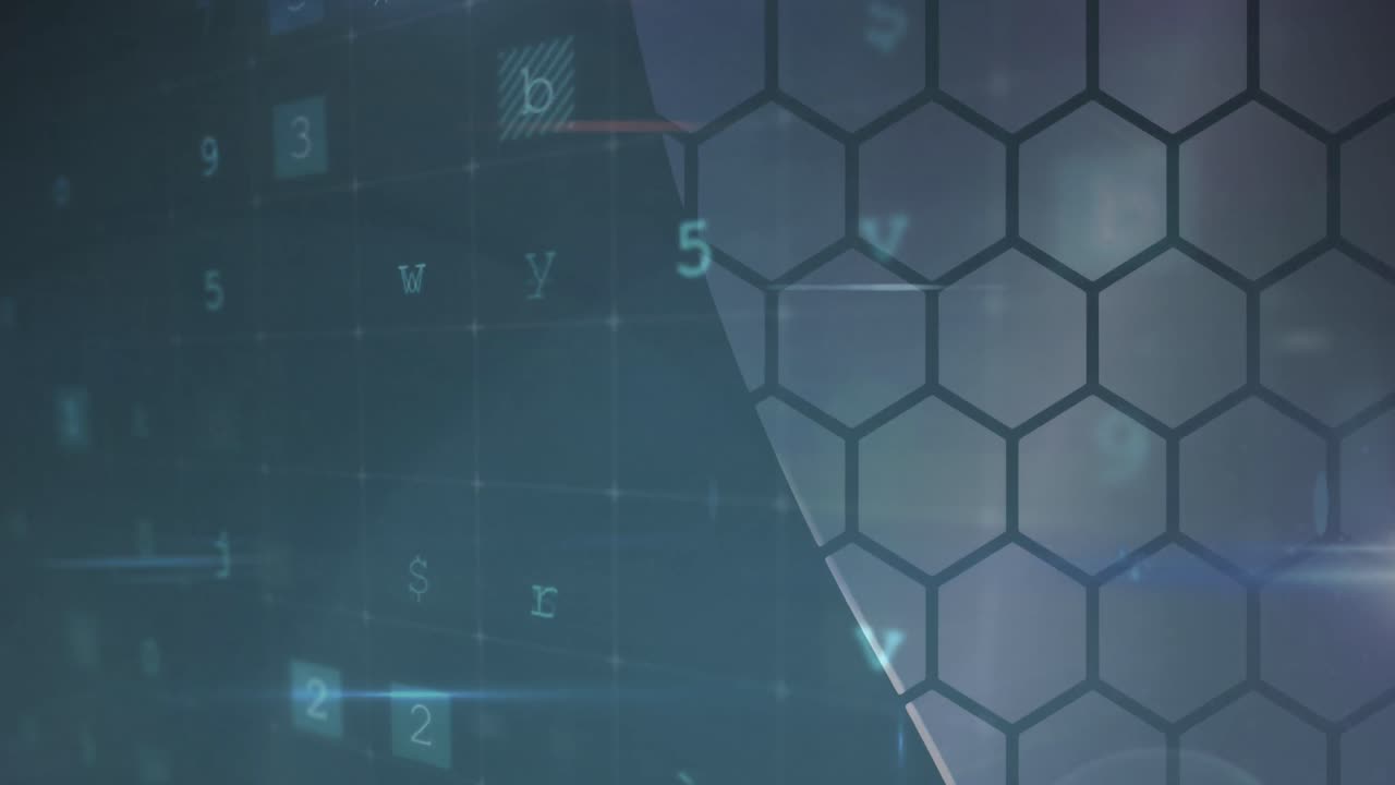 animación de texto y números de advertencia de ciberataque que cambian sobre hexágonos