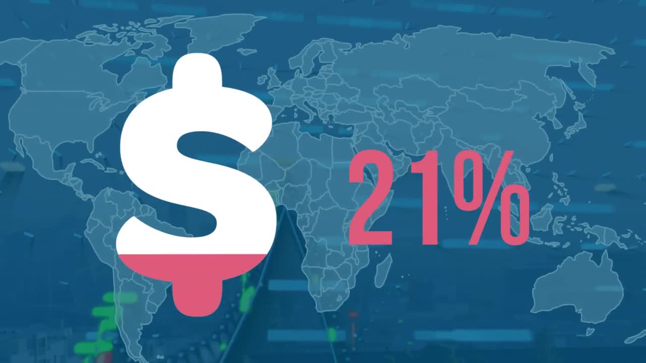 세계 지도와 데이터 처리에 따라 증가하는 퍼센트와 함께 달러 기호의 애니메이션
