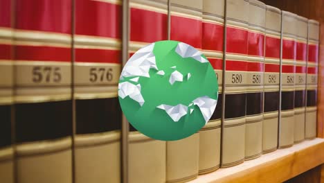 animation of globe over shelves with books in library