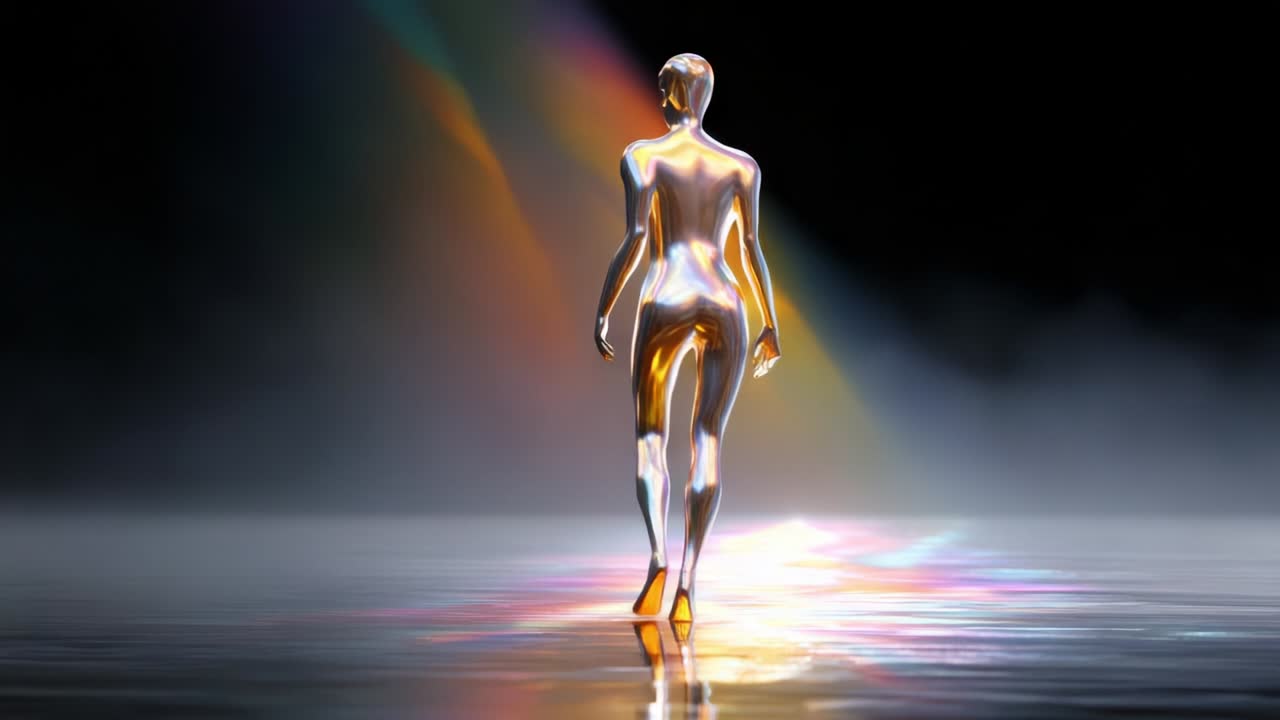 A luminous metallic figure gracefully walks through a colorful mist, leaving a radiant trail of shimmering light behind, captivating viewers with its ethereal beauty and futuristic design as it glides over a reflective surface