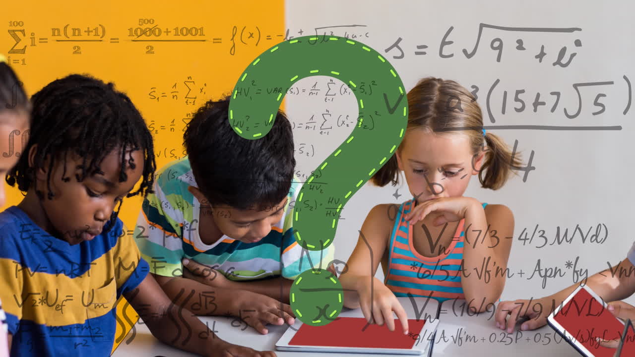 Animation of green question mark and maths equations over diverse primary school class