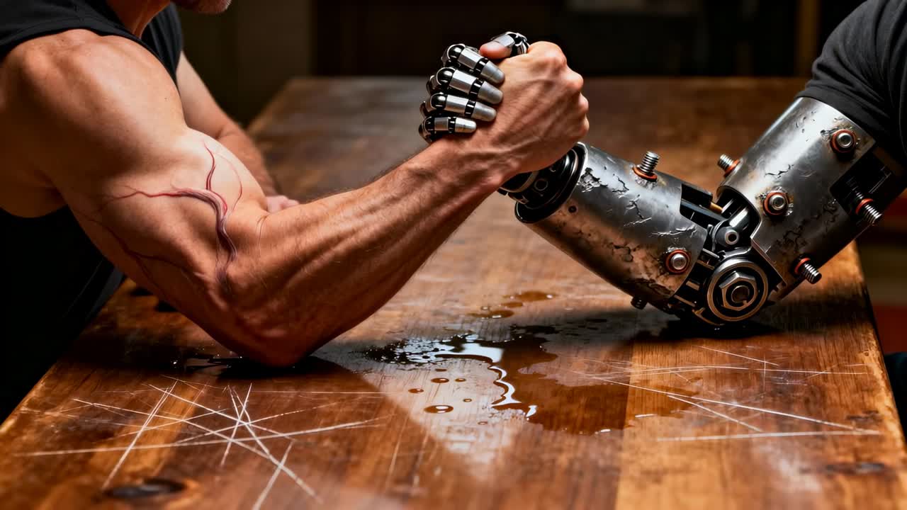 Stringendo un braccio muscoloso senza maniche con un guanto di metallo che spinge un braccio robotico su un tavolo segnato, durante un test