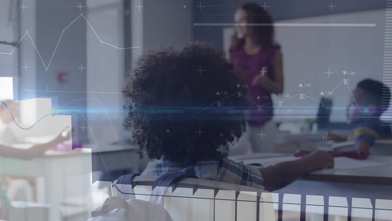 Child sitting as teacher gesturing initiating graphs over child, bars rising, showing lesson