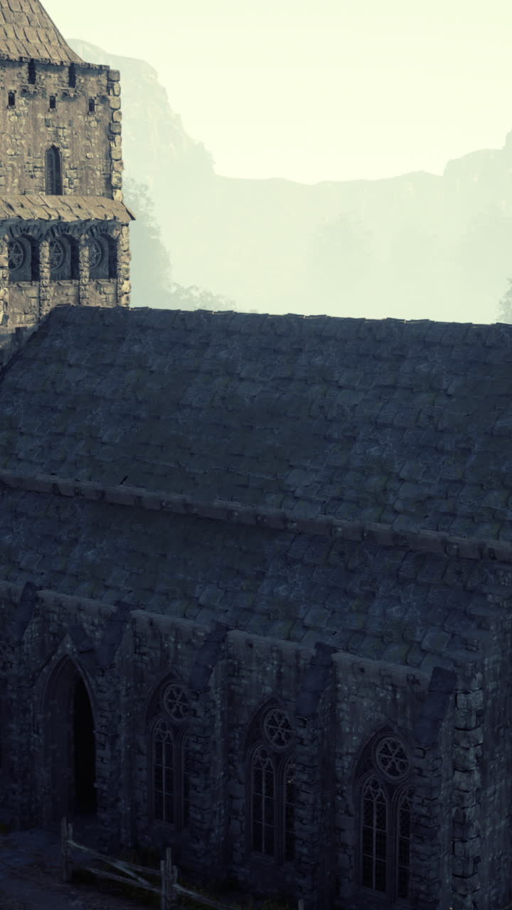 iglesia y castillo de un pueblo europeo medieval