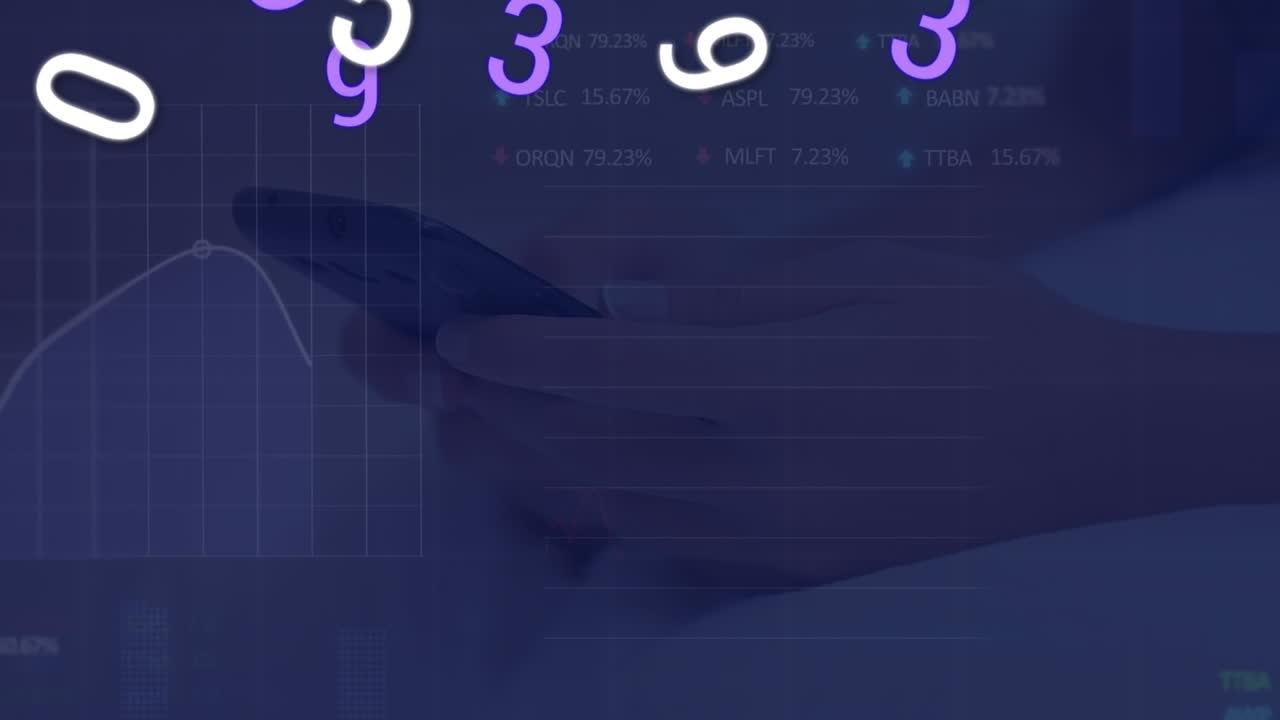 Animation of numbers and stock market data processing against mid section of person using smartphone
