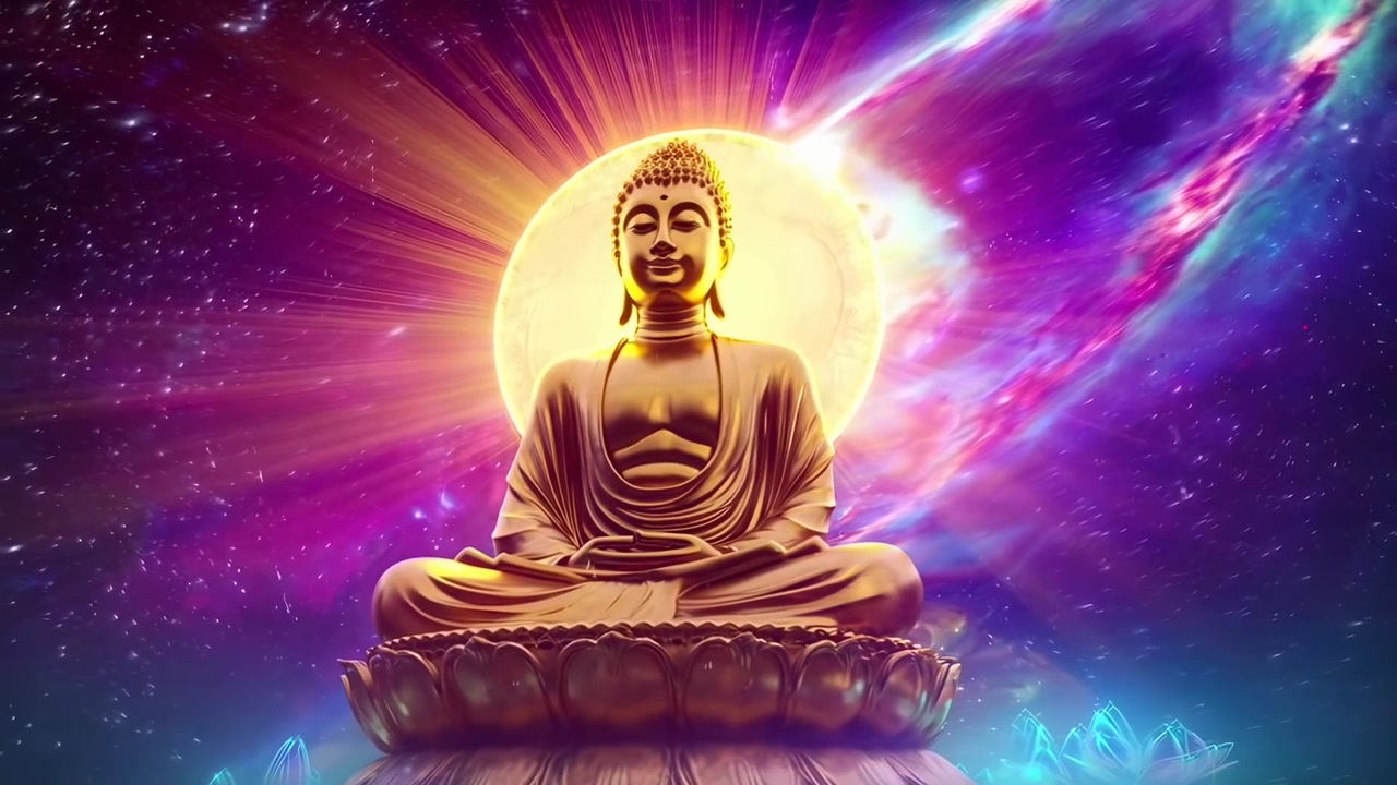 Statua dorata di Buddha che medita in una vibrante galassia cosmica