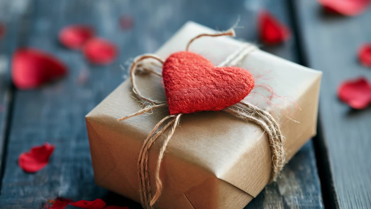 Wrapped gift box decorated with a red heart and rose petals lying on a rustic wooden table, creating a romantic atmosphere for Valentine's Day or an anniversary