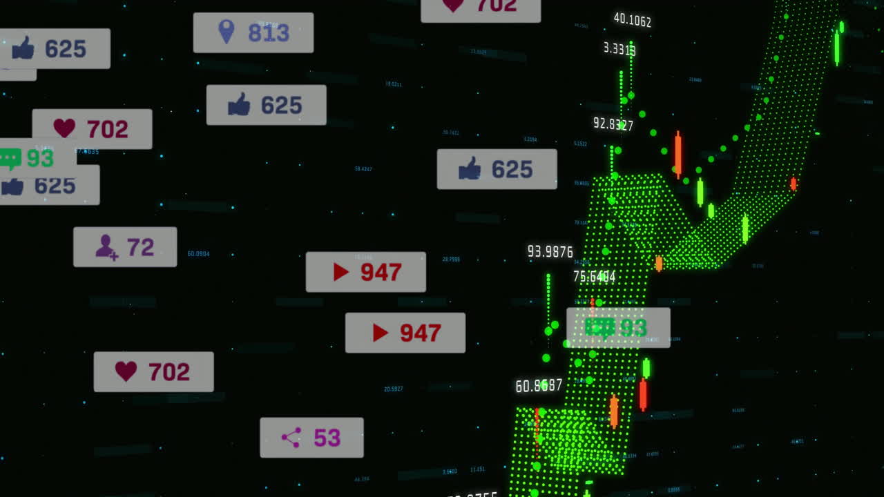 Processing financial data and social media notifications with digital graph animation