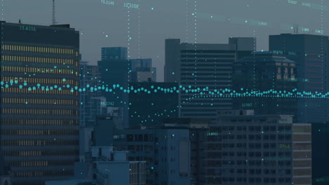 data points and digital lines animation over cityscape with buildings