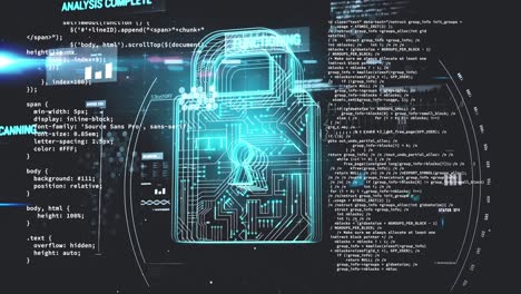 animation of online security padlock over data processing and scope scanning