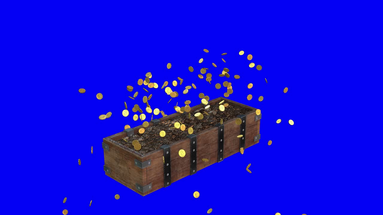 Glowing gold coins thrown out of an open wooden treasure chest and falling down on blue screen 3D animation perspective view