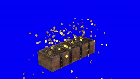 glowing gold coins thrown out of an open wooden treasure chest and falling down on blue screen 3d animation perspective view