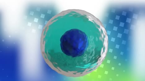 animación de micro de célula azul y turquesa sobre fondo verde y azul