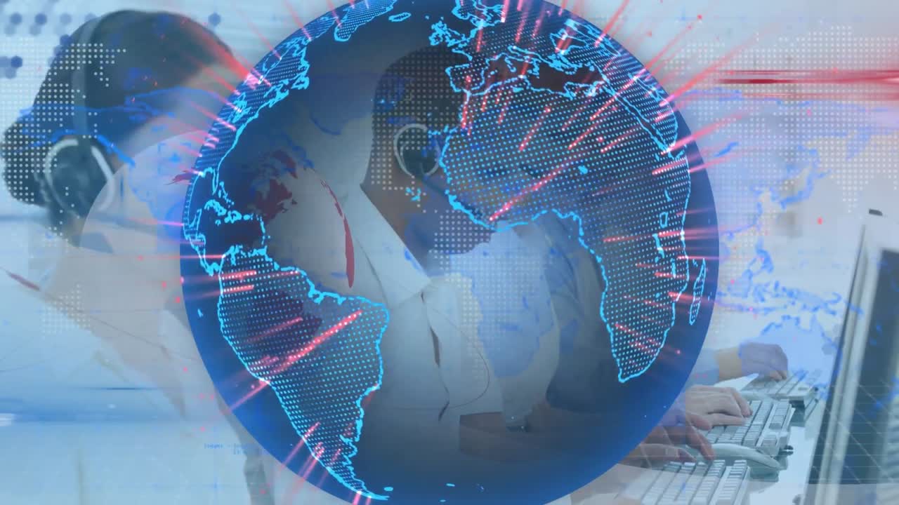 animación del globo y el mapa del mundo sobre personas de negocios que usan auriculares de teléfono