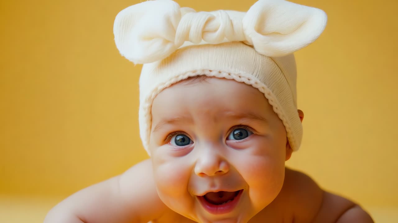 un bebé con un sombrero blanco con un lazo en él