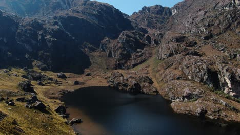 4k-aerial-drone-footage-over-the-5th-lagoon-of-Pichgacocha-from-Ambo,-Huanuco,-Peru-in-the-Andes-mountains